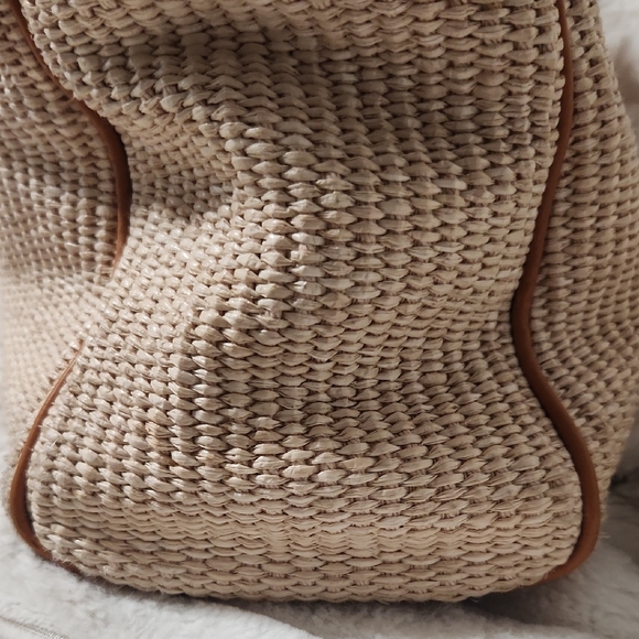 Furla Beige Woven Tote with Tan Leather Trim and Circular Buckle Accent - Picture 5 of 10